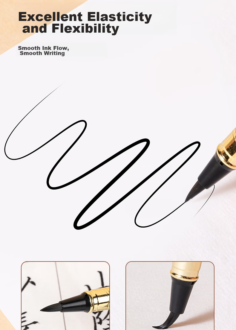 Deli Fountain Pen-Style Brush Pen, Soft Calligraphy Practice Pen for Small Regular Script, Refillable Ink, Adult Beginner Student Calligraphy Copybook Practice Pen with Soft Wolf Hair Tip, Portable Sutra Writing Pen for Business, Black And Gold 5