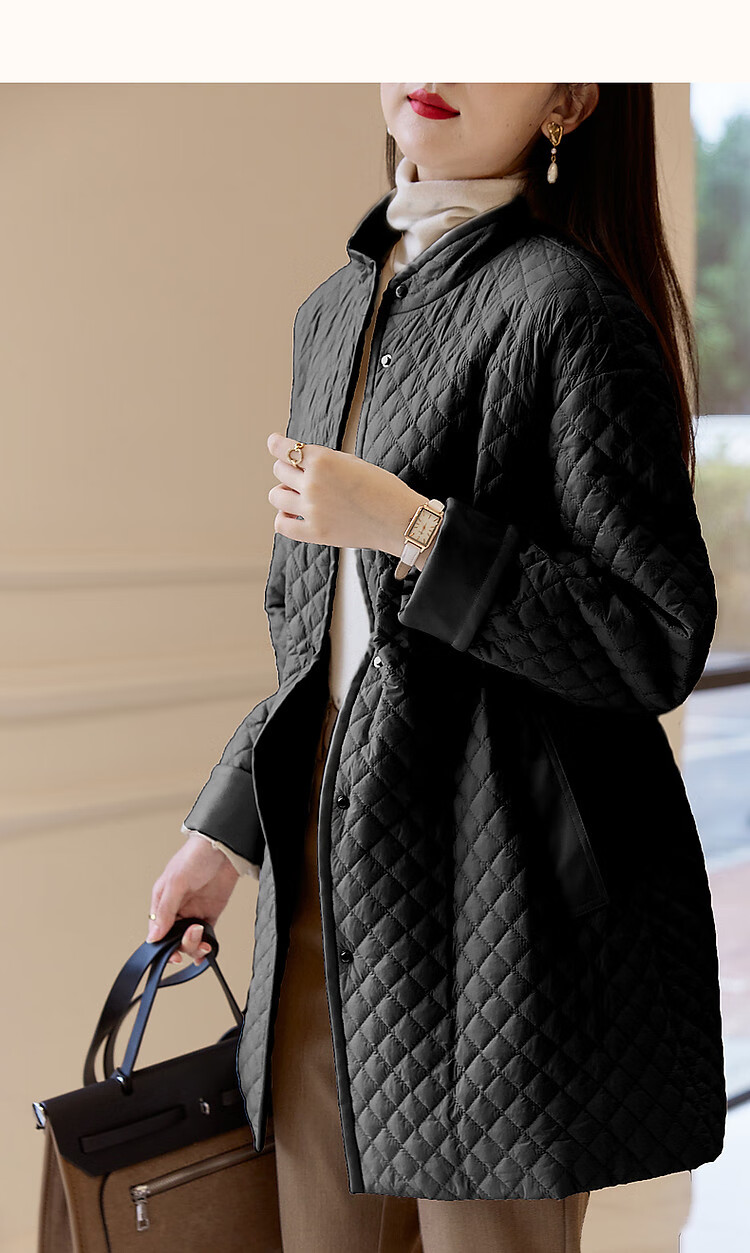 Dme [Quilted Diamond-Patterned Cotton Coat] Winter Stand-Collar Loose Drop-Shoulder Anti-Chafe Padded Jacket for Women, Mid-Length Style, Black, Size M 28