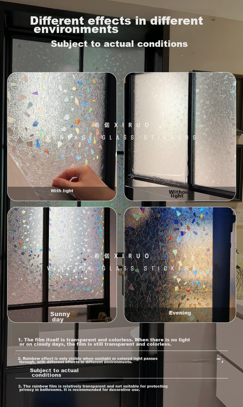 Xiruo Frosted Glass Film Privacy Opaque Bathroom Balcony Window Anti-Peeping Rainbow Glass Sticker, 60*200cm 1