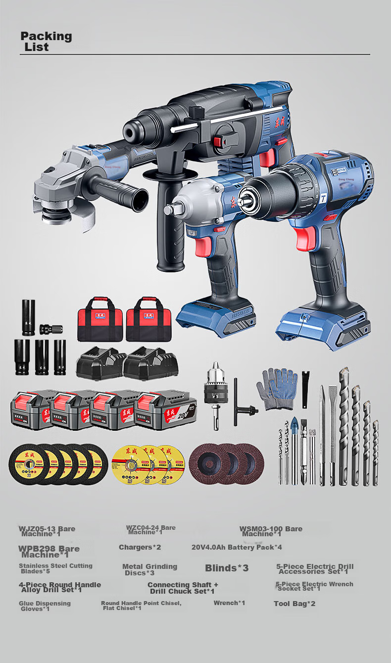 Dongcheng 20V Brushless Impact Drill, Electric Drill, Wrench, Four-In Lithium Battery Hammer Drill, Angle Grinder, Cutting Machine Package WCKIT18B 19