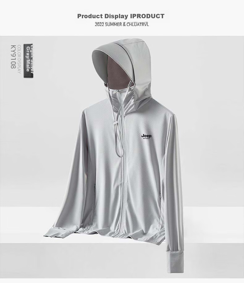 JEEP SPIRIT Men's Sun Protection Jacket, Summer Hooded Lightweight Casual Coat, Skin-Friendly Fishing Wear, Jade White Men's Style, 2XL 12