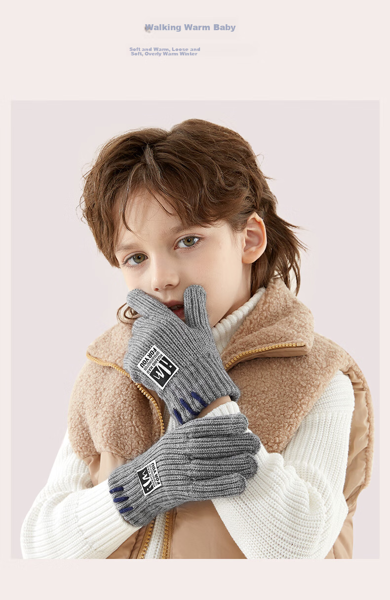Duomiaowu Children's Gloves, Winter Boys' Warm Full-Finger Knitted Woolen Gloves, Boys' Writing Gloves, C5609 Navy Blue 7