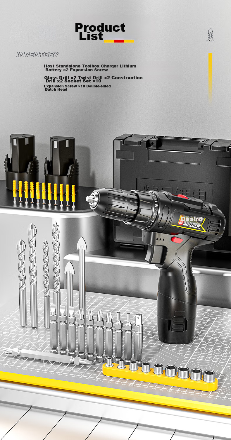 Airuide Cordless Drill, Household Rechargeable Electric Drill, Lithium Battery Pistol Drill, Multi-Functional Electric Screwdriver, Power Tool 1
