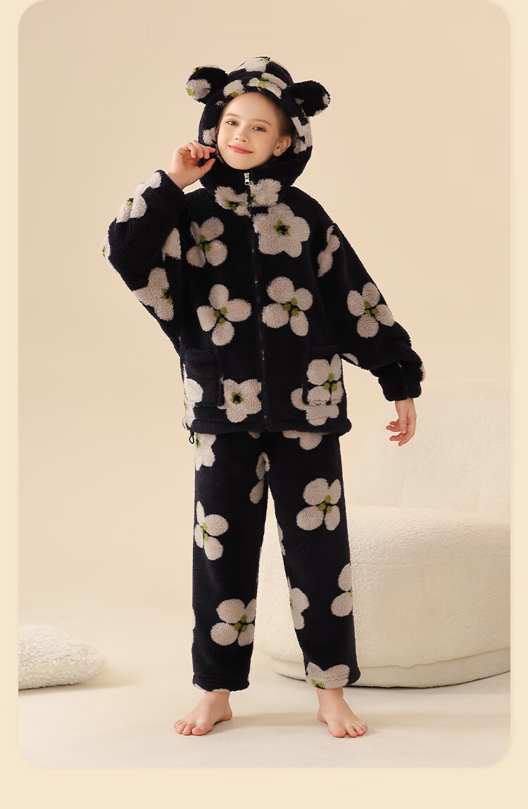 LangSha [Fleece-Lined Thick Flannel] Children's Pajamas, Girls' Sleepwear for Older Kids, Autumn And Winter, Warm Home Wear Set for Teenage Girls And Babies 18