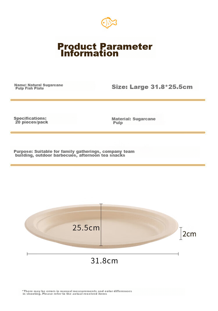 LANZIRAN Disposable Tableware Plates, Large Fish Plates, 20 Pieces, Sugarcane Pulp Paper, Biodegradable, for Group Dining, Barbecue, Picnic, Camping Plates 6