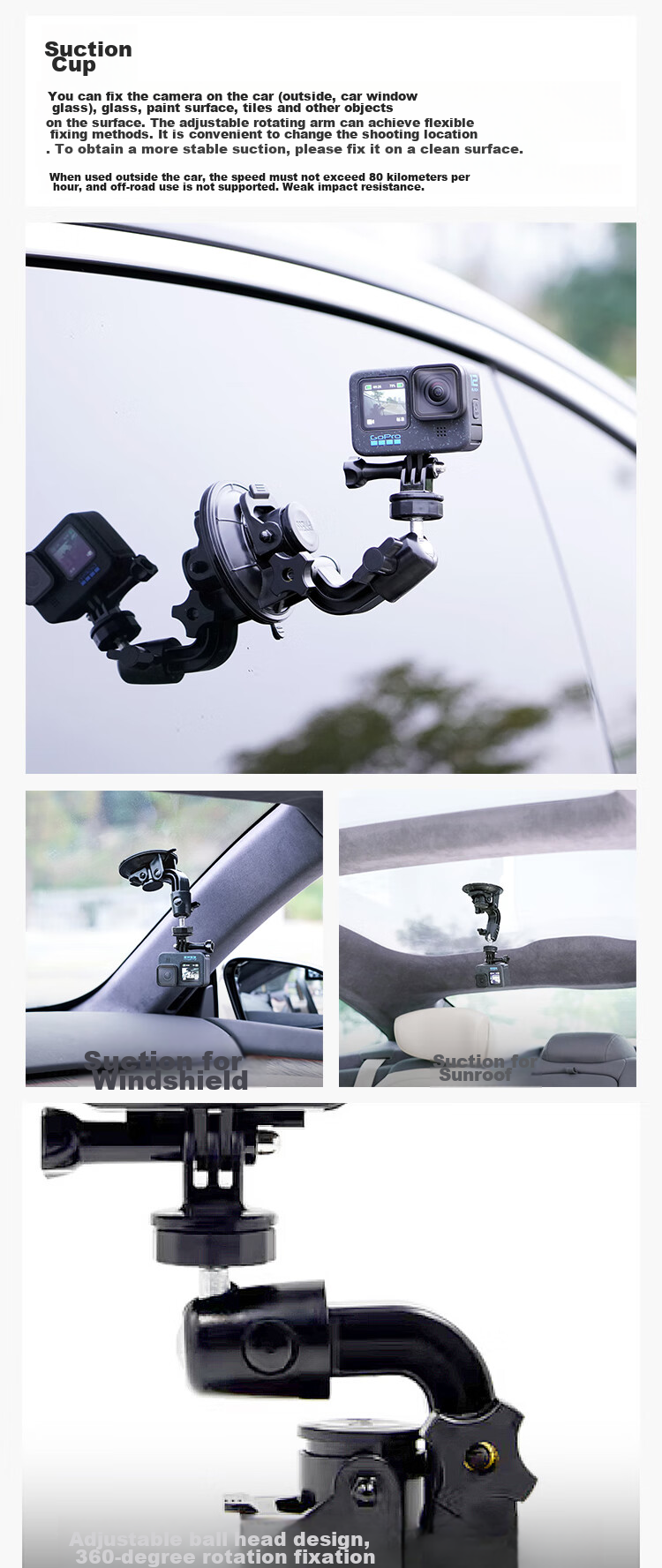 MAXCAM/Maisikamu Compatible with GoPro Ace Pro 2/GoPro 13/12/11/10/9/8/7 Action Cameras, Car Suction Cup Glass Mount, Vehicle-Mounted Bracket Accessories 1
