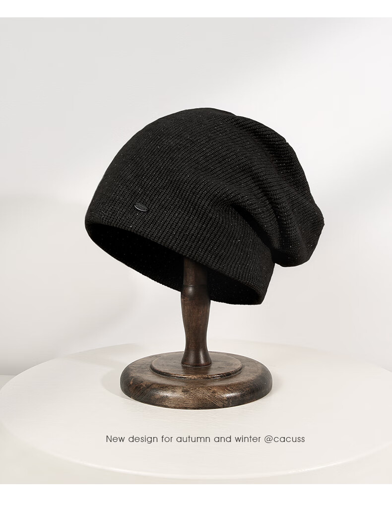 CACUSS Women's Spring And Autumn Slouchy Pullover Cold Hat, Warm Knitted Beanie, Large Head Circumference, Hooded Hat, Windproof Wool Hat, Black 11