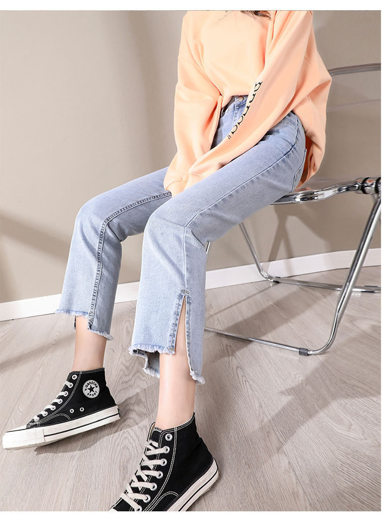 Pierre Cardin [High-Waisted Stretch] Women's Jeans, Autumn Season, Draping Effect, Side Slit, Ankle-Length Cigarette Pants, Light Blue, XL 14