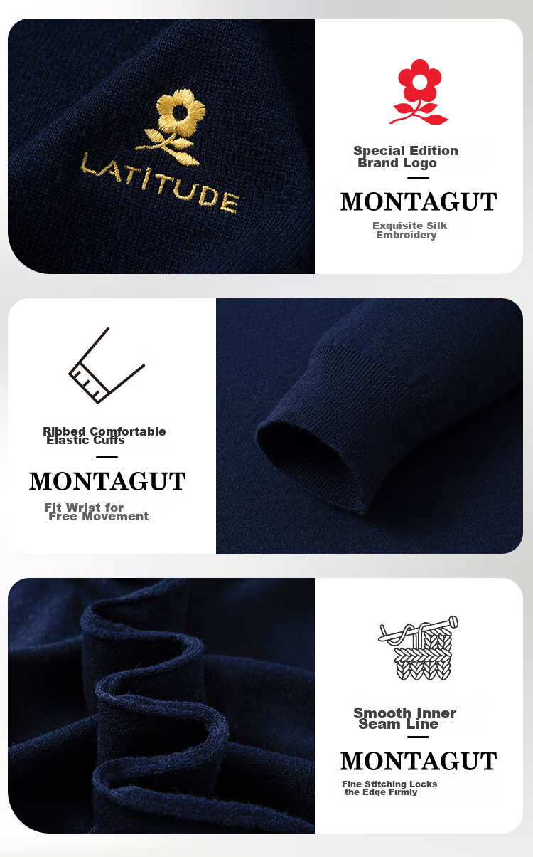 MONTAGUT Mulberry Silk Autumn And Winter Men's Cotton Wool Sweater, V-Neck Pullover Warm Knitted Sweater, Navy Blue, 2XL 10