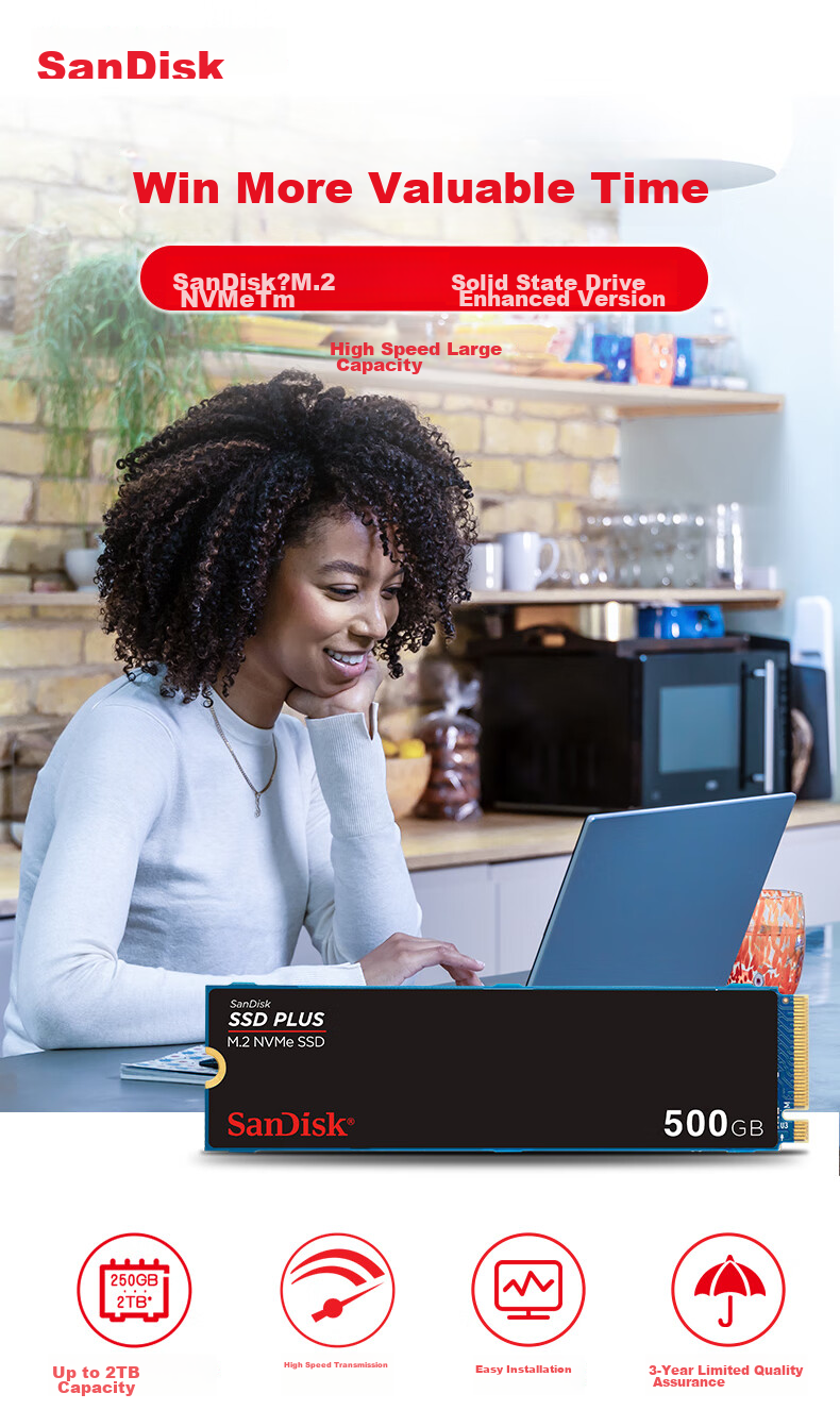 Sandisk 500GB SSD, 2400MB/s Read Speed, PLUS Enhanced Performance Version, M.2 Interface, TLC High-Speed NVMe Protocol, PCIe 3.0, Laptop Expansion, 2280 1