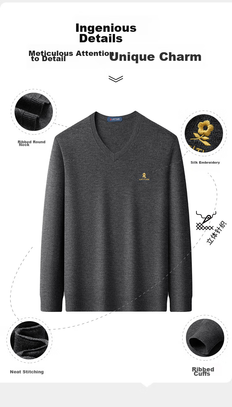 MONTAGUT Mulberry Silk Autumn And Winter Men's Cotton Wool Sweater, V-Neck Pullover Warm Knitted Sweater, Navy Blue, 2XL 6