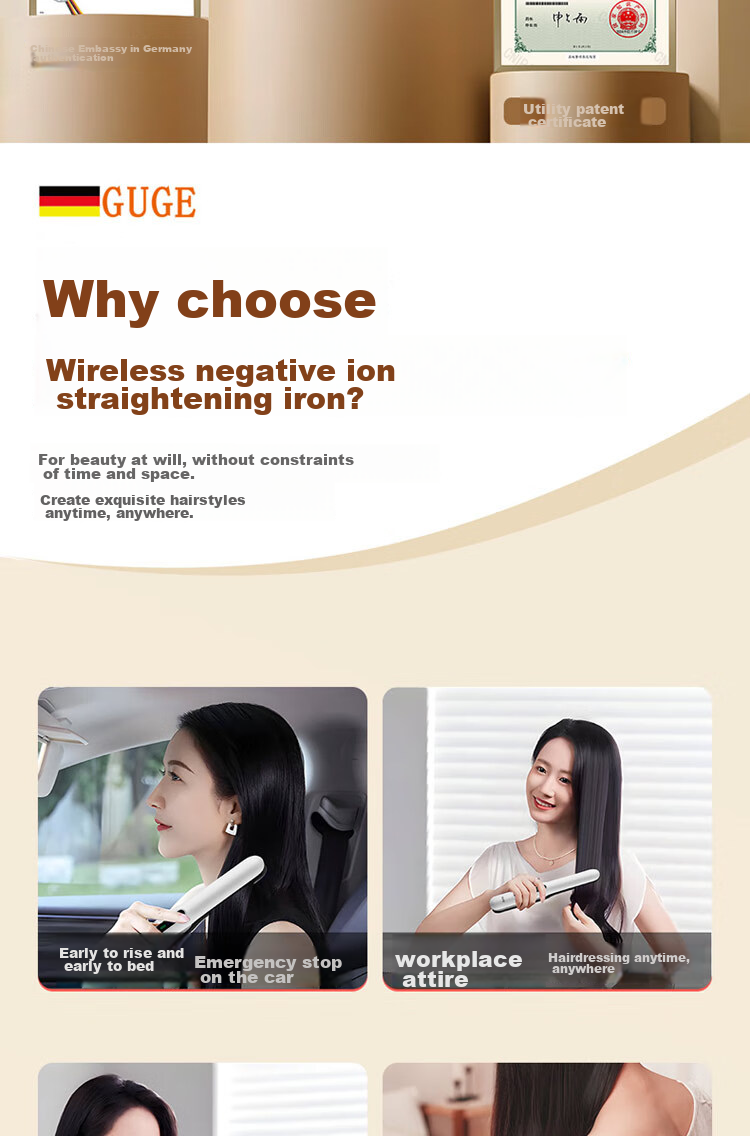 GUGE German [Wireless Portable] Straight Hair Iron, Negative Ion Straightening Iron, Gentle on Hair, Wireless Straightening Iron for Men And Women, Mini Small High Crown Straightening Iro 6