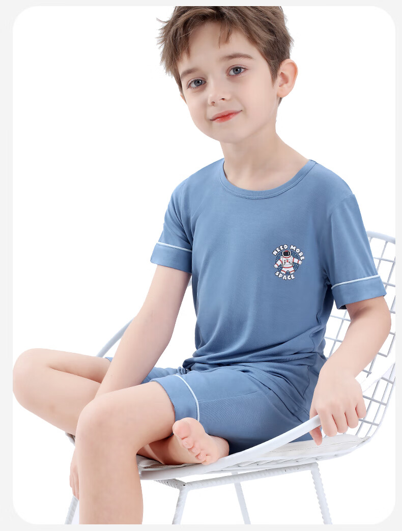 Duomiaowu Children's Pajamas, Boys' Summer Thin Modal Short-Sleeve Home Wear Set, for Older Children, 10838 Deep Sea Blue, Size 140 13