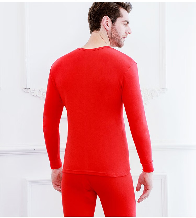 SEPTWOLVES Men's Red Cotton Thermal Underwear Set for the Year of the Horse, Round Neck Autumn Top and Bottom Gift Box 1