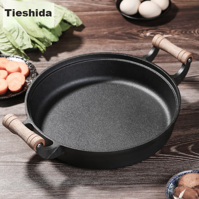 Telssida Wooden Handle Double-Handled Thick Cast Iron Skillet, Pancake Griddle, Traditional Cast Iron Pan, Uncoated Flat Bottom Pan, Non-Stick Frying Pan, Pancake Griddle