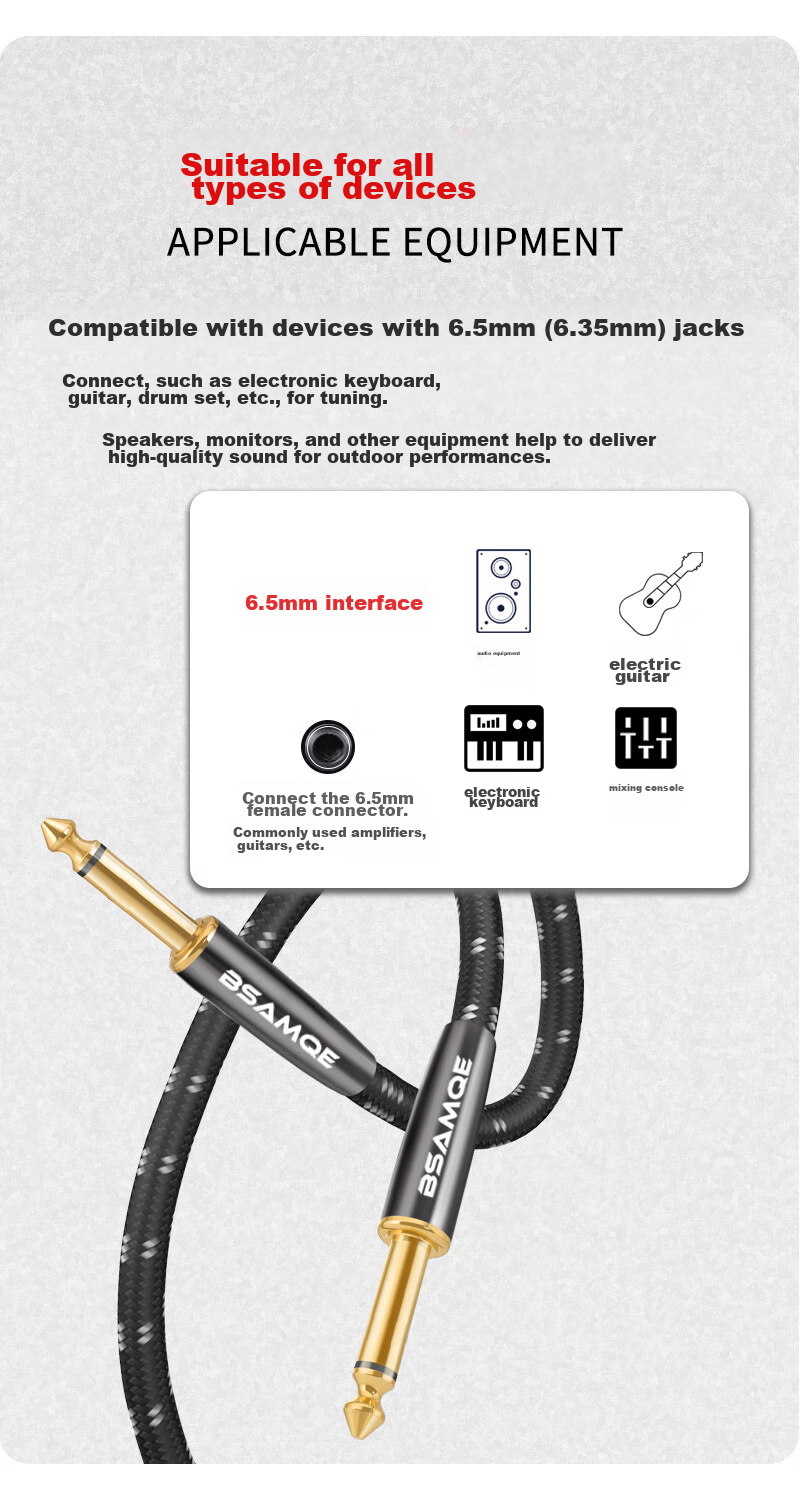Beishanque 6.5 Large Two-Core Audio Cable, 6.35mm Speaker Recording Male-To Cable, Amplifier to Guitar Electronic Keyboard Tuner Adapter Cable, 1.5 Meters, BSQ-K031 3