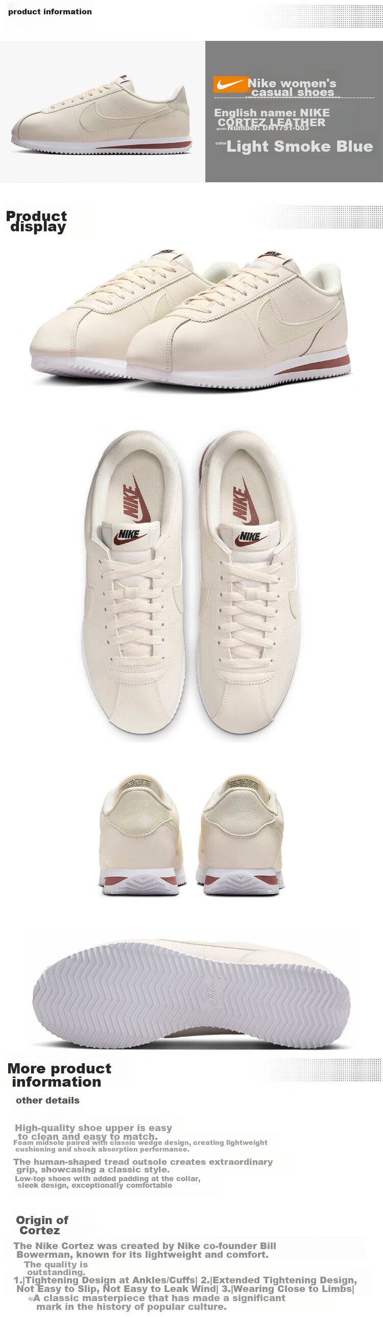 NIKE Women's Casual Sports Shoes, Shock-Absorbing CORTEZ Sneakers, DN1791-003, Beige, Size 36.5 1