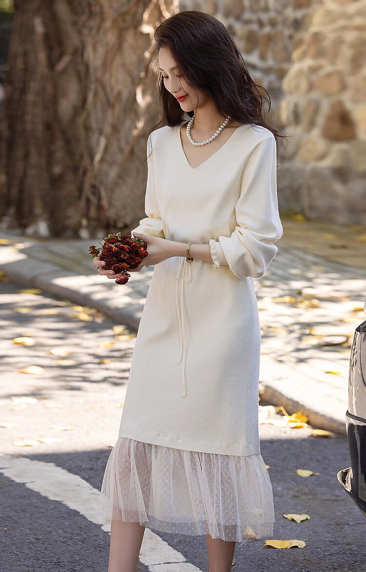 Dme [Retro Sweet Lady] Spring And Autumn Gentle Style Faux Two-Piece Pearl Drawstring Mesh A-Line Dress 16