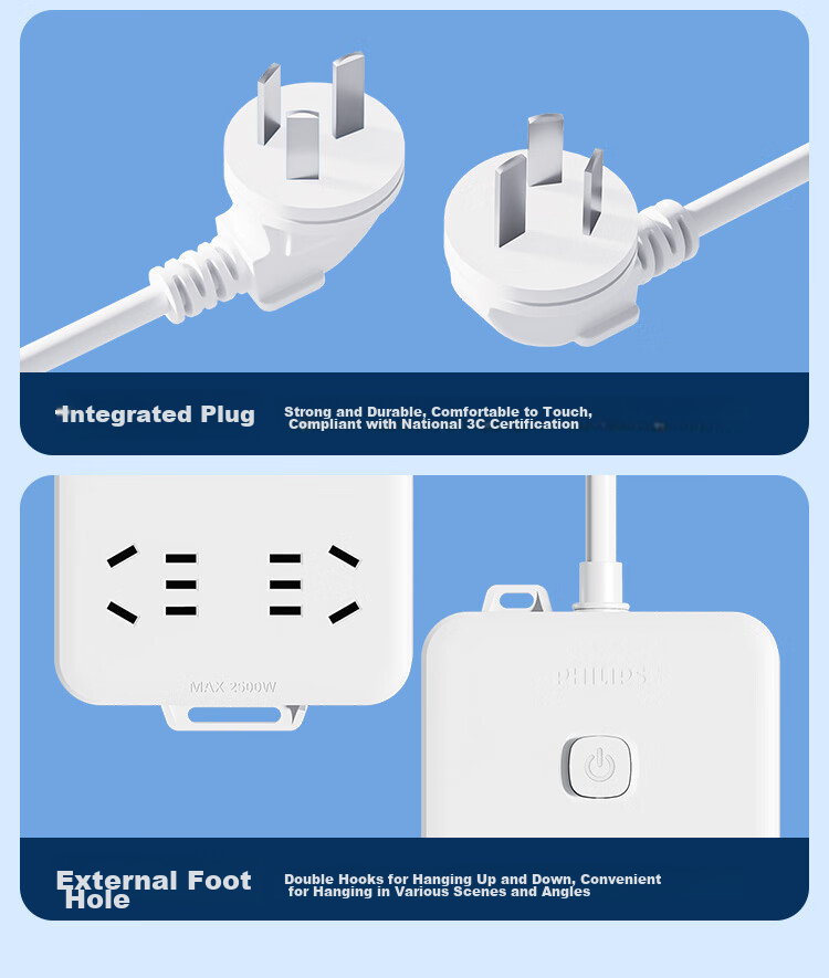 PHILIPS New National Standard Power Strip with 6 Outlets And Combination Holes, Overload Protection, Master Switch, 2.8m Extension Cord for Children's Safety, Dormitory Power Strip/Extension Cord/Power Board 12