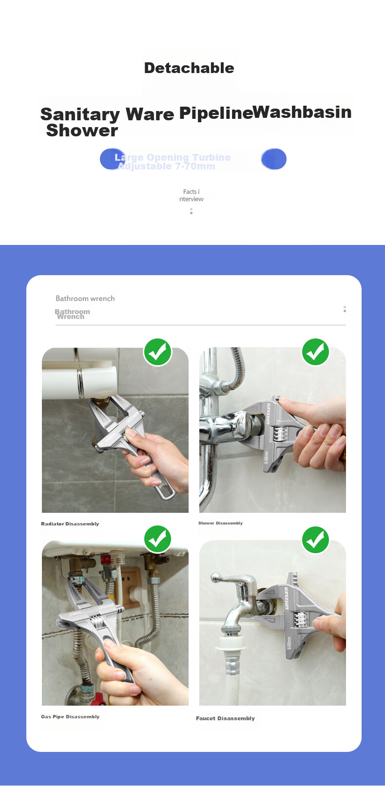 GREENER Adjustable Wrench, Plumbing Wrench for Home Use, Universal Wide-Mouth Wrench, Short-Handle Pipe Wrench, Multi-Functional Spanner 6