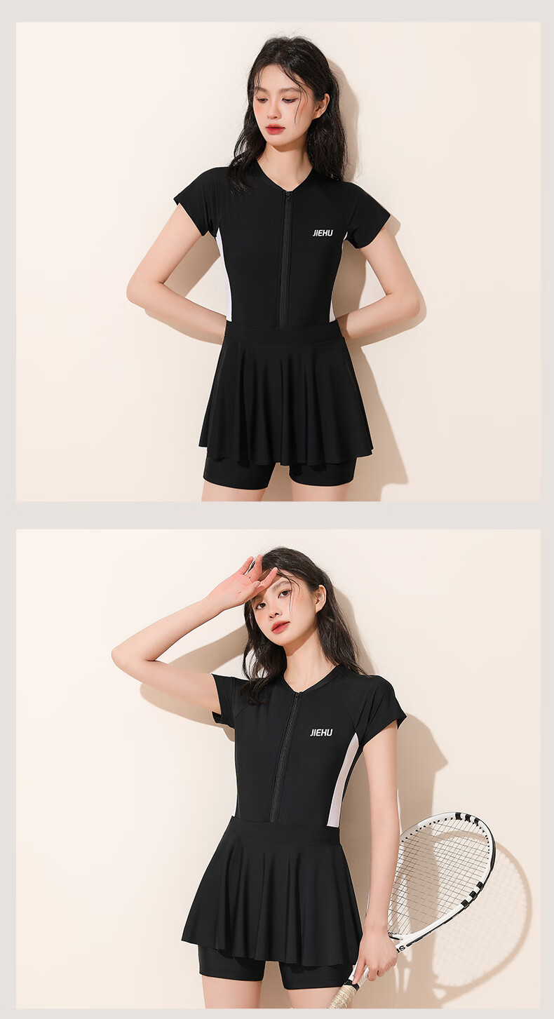 Jiehu One-Piece Swimsuit Dress for Women, Conservative Swimwear for Hot Springs And Swimming, Tummy Control Slimming Chlorine-Resistant Quick-Dry Swimsuit, Black And White, Size M 12