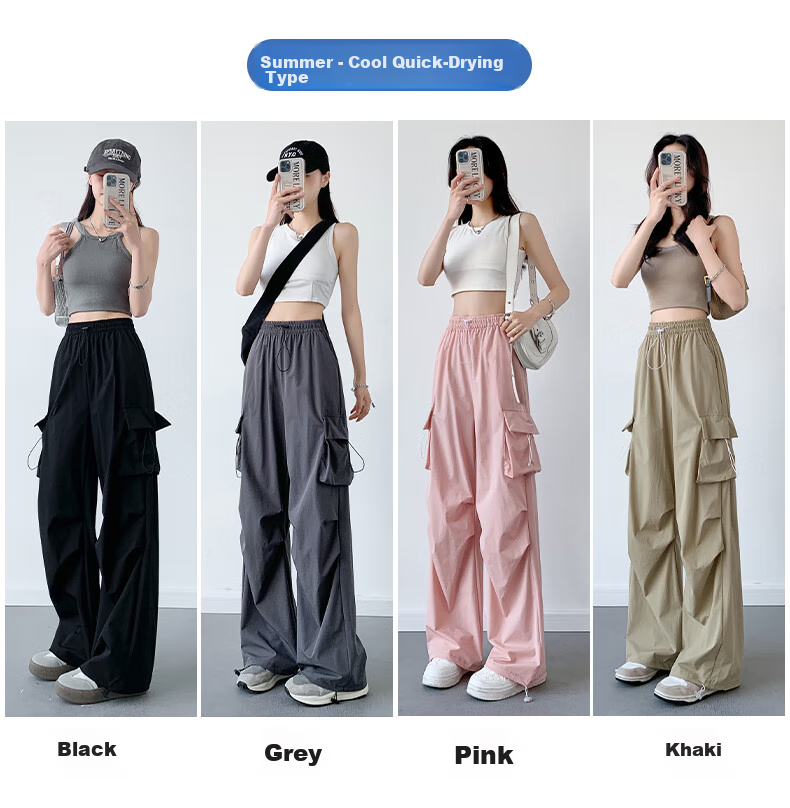 LangSha American-Style Parachute Cargo Pants for Women, Summer Ice Silk High-Waist Wide-Leg Loose Casual Quick-Dry Outdoor Sports Pants 10