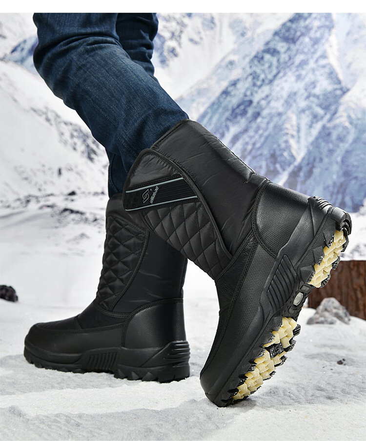 Yijiabao Snow Boots for Men, Winter Men's Shoes, Fleece-Lined for Warmth, Waterproof, Northeast Travel Shoes, Cowhide Sole Non-Slip Shoes, Black, Size 40 15