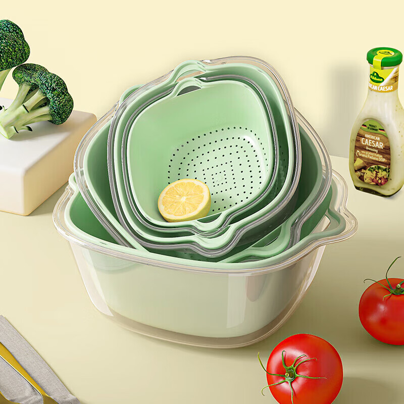 Jiadu Draining Basket, Plastic Double-Layer Thickened Vegetable Washing Basin, Kitchen Living Room Household Fruit Washing Basket, Rice Washing Tool, Storage Rack