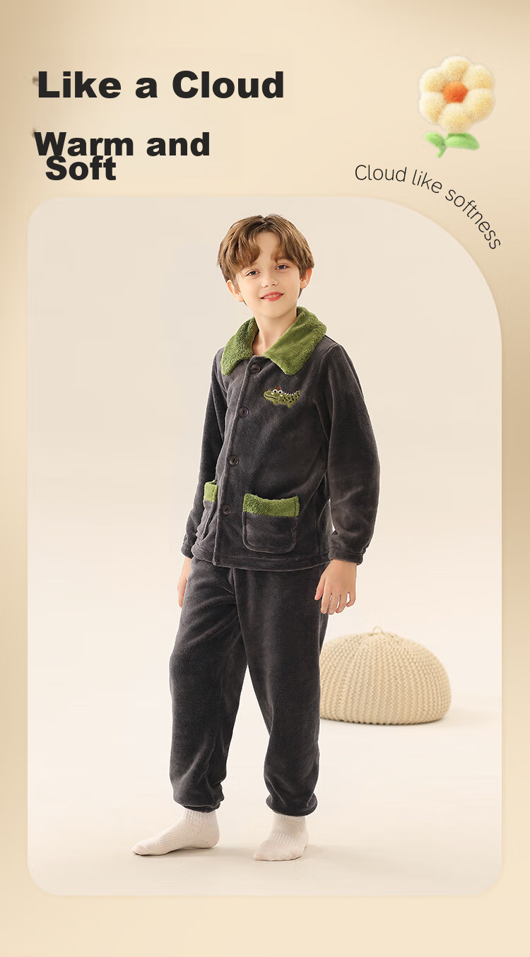 LangSha Children's Pajamas for Boys, Autumn And Winter Thickened Sleepwear for Older Children, Teenagers And Toddlers, Flannel Lapel Home Wear, Warm Set 2