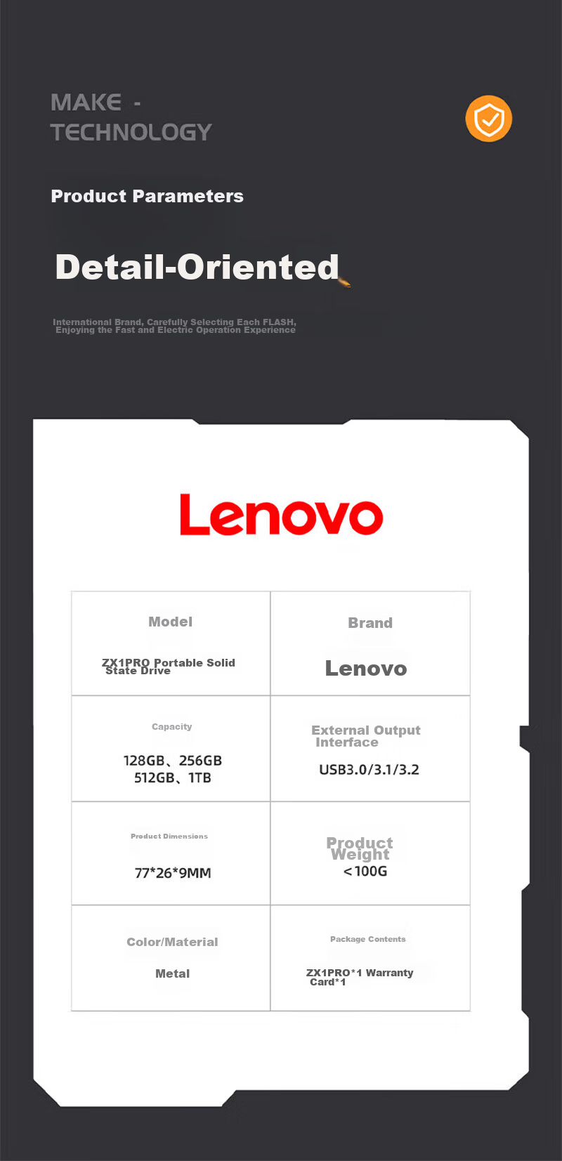 Lenovo 256GB Portable Solid State Drive (PSSD), Type-C USB3.1 Dual Interface, Direct Phone Connection, ZX1Pro Series, Silver 12