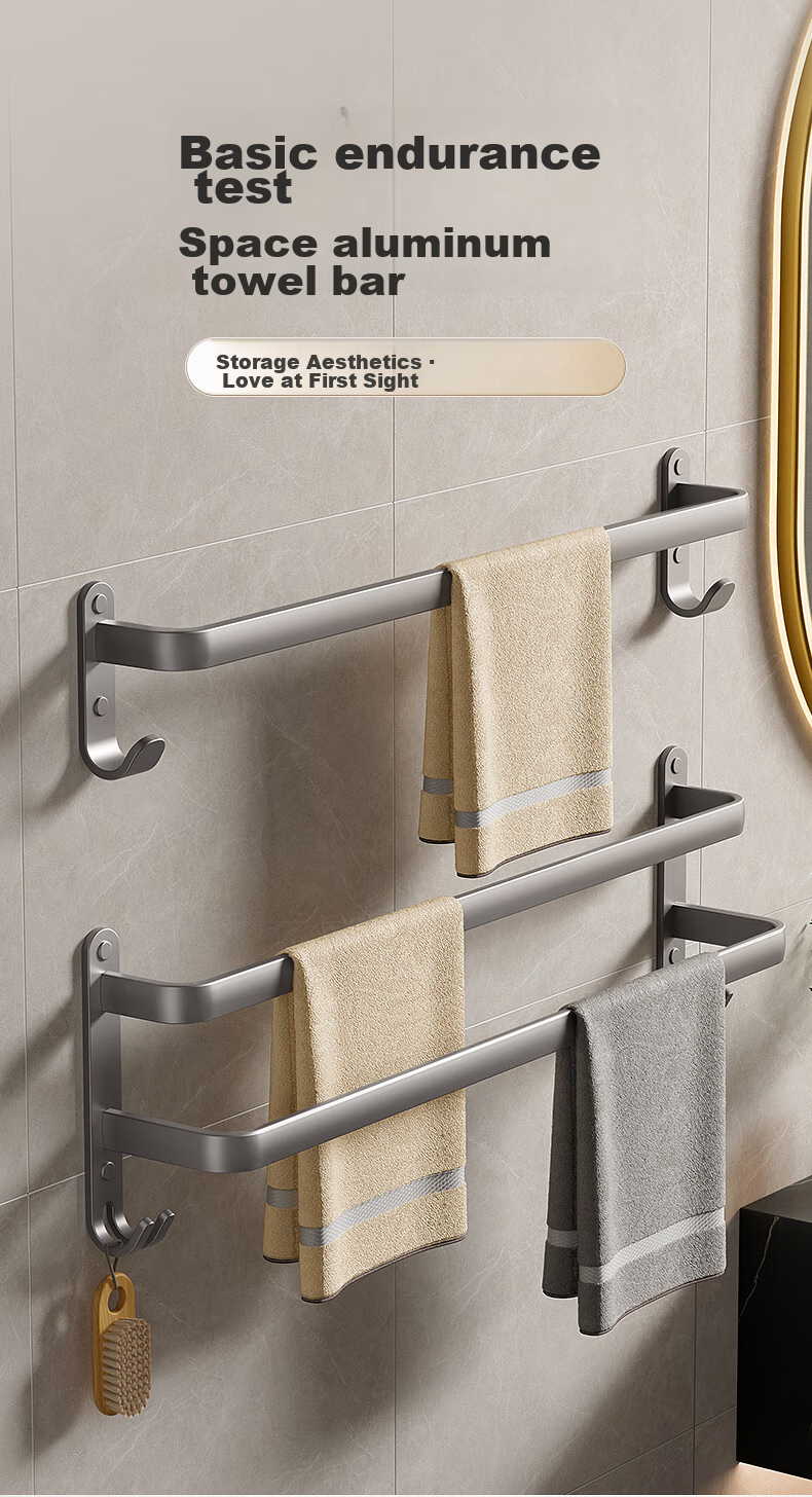 Baihan Towel Rack, Space Aluminum, No Drilling Required, Wall-Mounted Bathroom Storage Shelf with Hooks, Organizer Hanger Rod 1