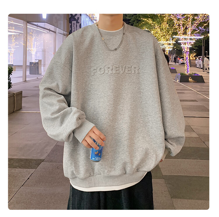 Dingfengbaoluo American Retro Crew Neck Sweatshirt for Men, Spring Trendy Steel-Printed Long-Sleeve Top DFL07 White XL 20
