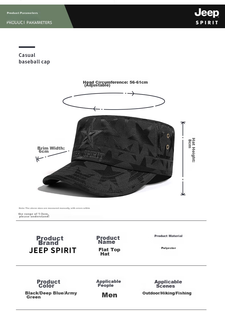 JEEP Men's Baseball Cap Four-Season Versatile Duckbill Casual Outdoor Flat Top Hat A0160 Dark Blue 9
