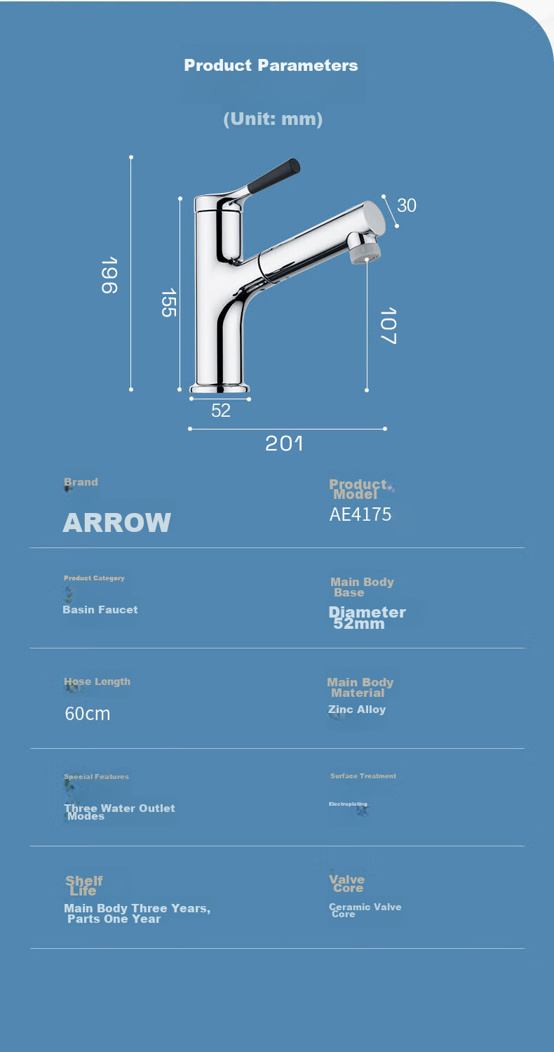 ARROW Gun-Gray Basin Faucet, Hot And Cold Washbasin Faucet, Bathroom Pull-Out Faucet AE4175MGG 16