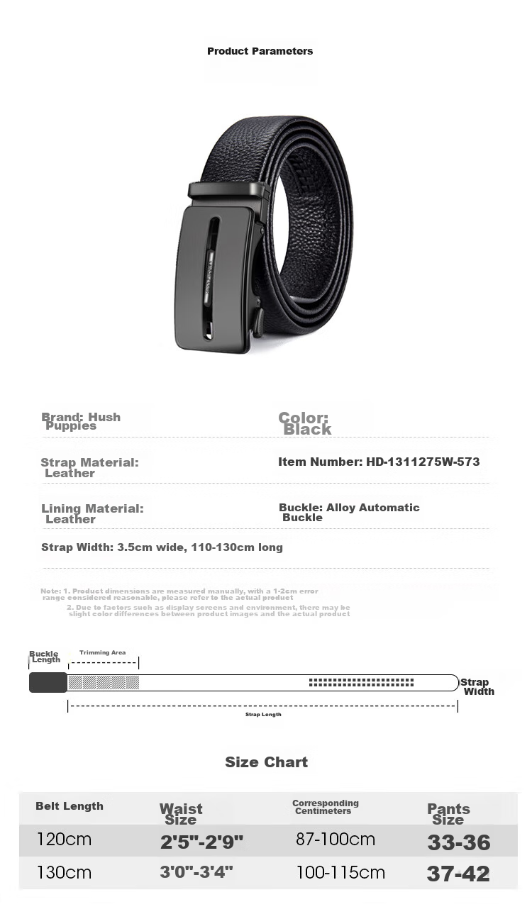 Hush Puppies Leather Belt for Men with Automatic Buckle, Top-Grain Cowhide High-End Gift Box Birthday Present for Boyfriend 7