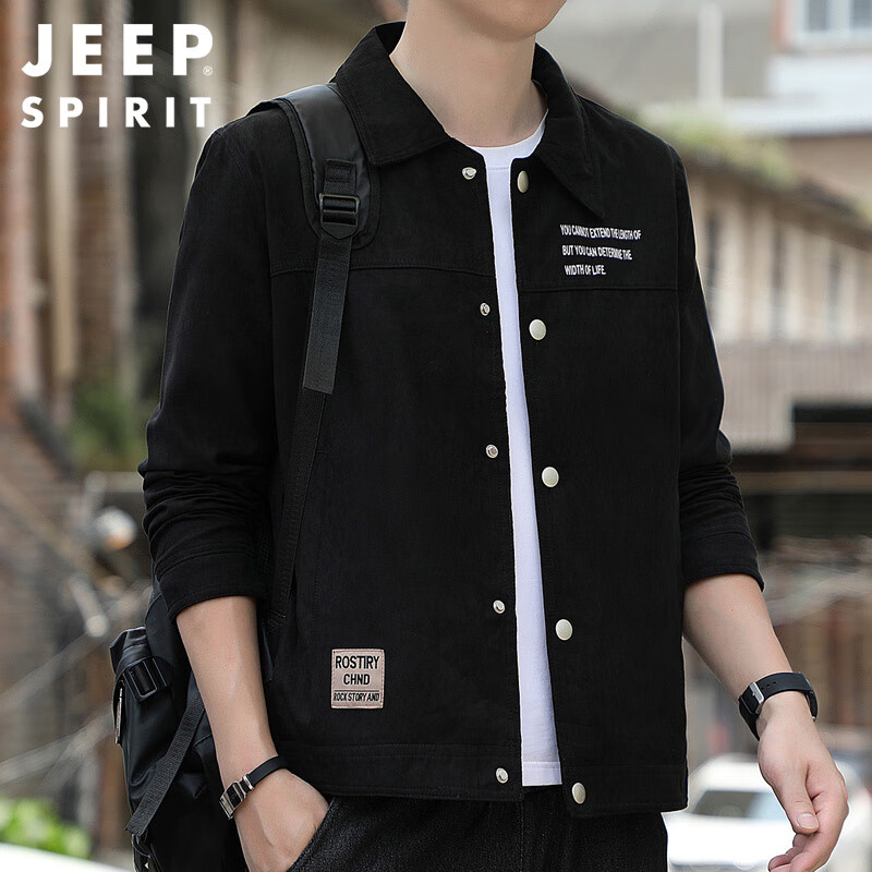 JEEP SPIRIT Men's Jacket, Spring And Autumn Korean Style Coat, Men's Lapel Casual Outerwear, Black, Size L