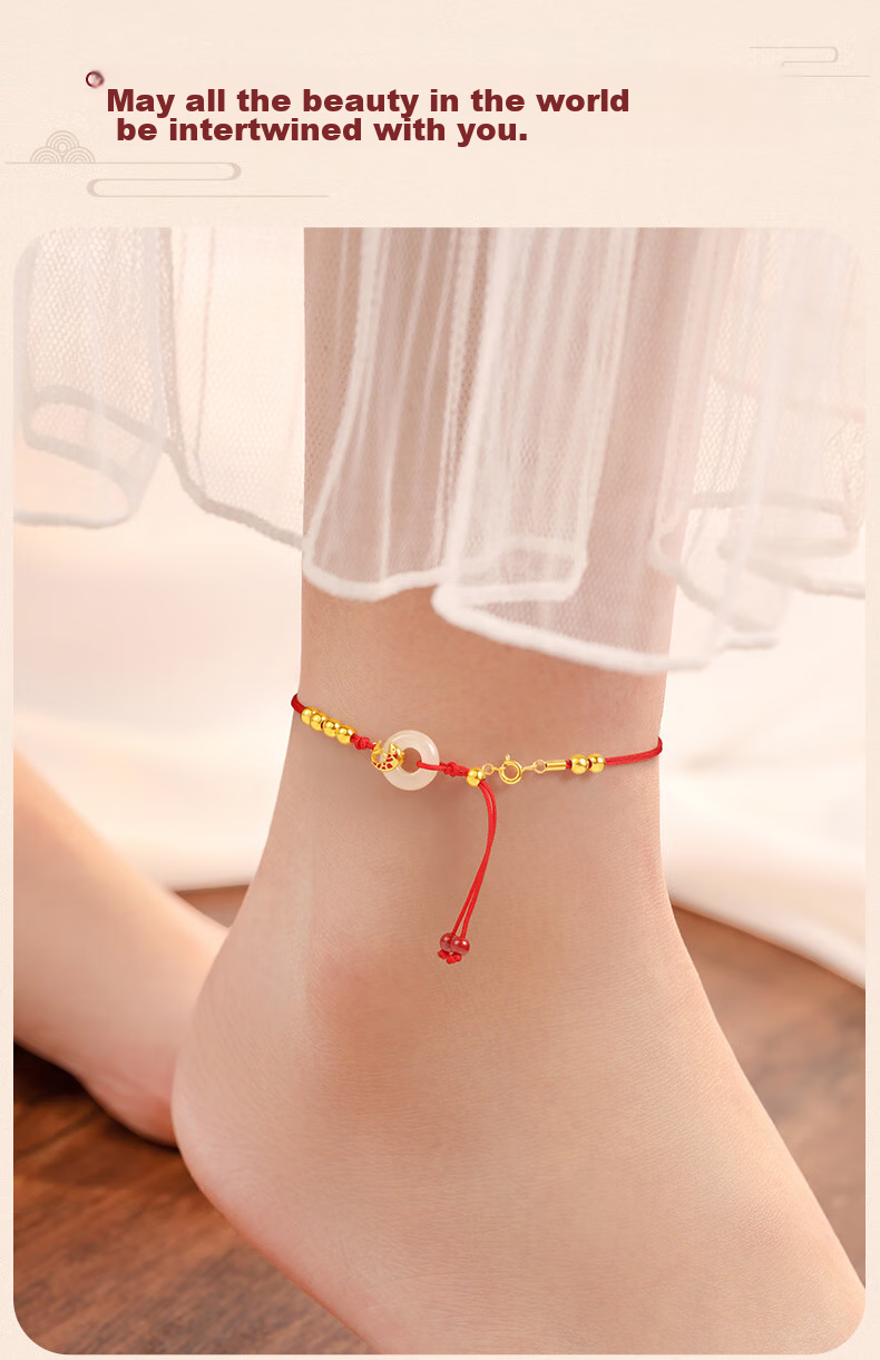 Zhenshangyin Chinese Gold Koi Fish Safety Knot Red String Silver Foot Chain Women's Jewelry Niche Birthday Gift for Girlfriend Or Wife S925 9