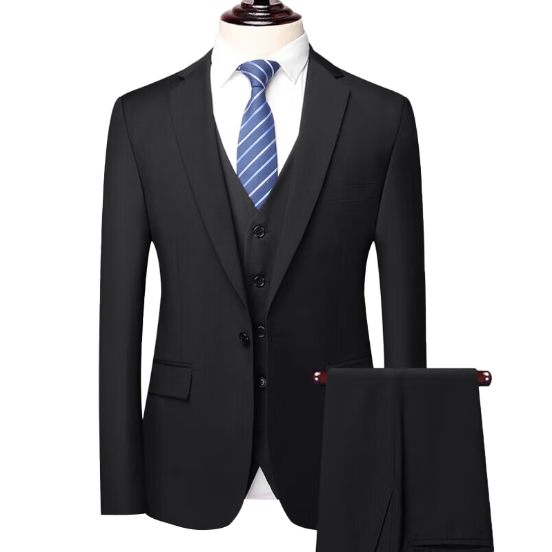 ROMON Men's Suit Set, Three-Piece Business Slim-Fit Formal Wear, Groom Attire, Professional Suit, Navy Blue, 3XL