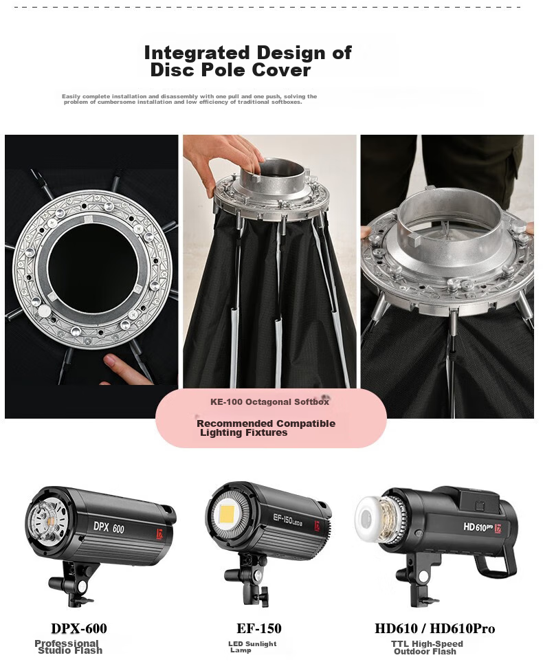 JINBEI JINBEI KE100 Quick-Install Octagonal Softbox, Portable Easy-To Studio Equipment, Light Modding Accessory, KE-100 Quick-Install Octagonal [Single Softbox] 7
