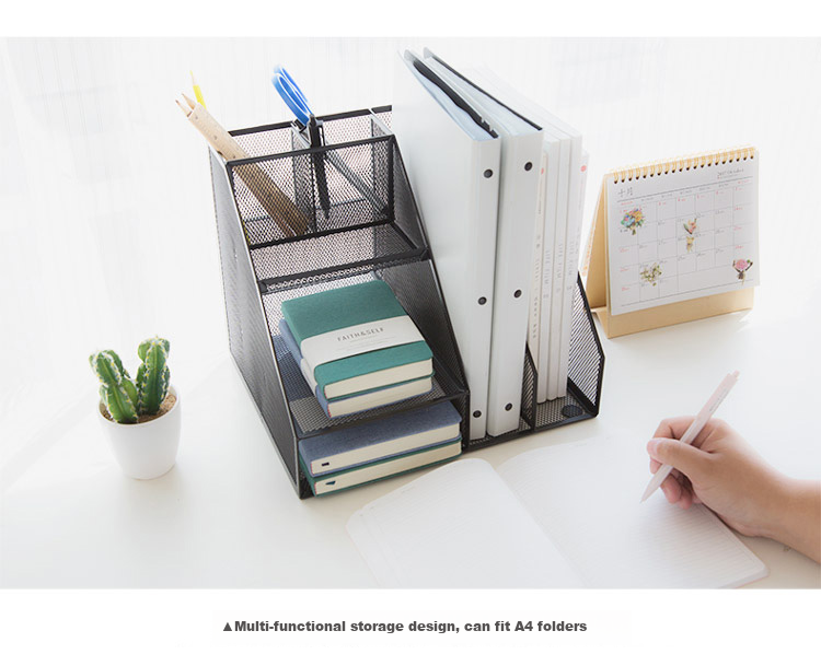 GuangBo 3c Digital All-Net Low Price Metal Mesh Multifunctional File Organizer/file Basket with Pen Holder Storage Rack Office Supplies Black WZ9316 6