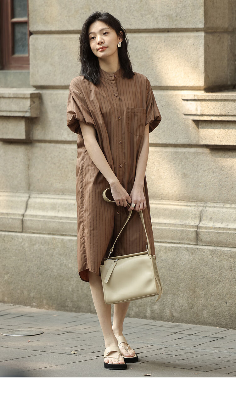 Dme Stand-Collar Striped Commuter Shirt Dress, Summer Puff Sleeve Striped Fabric Short-Sleeve Dress, Coffee Color, M 6