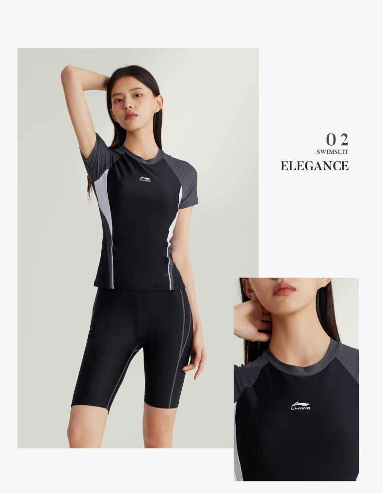 Li-Ning Women's Two-Piece Conservative Swimsuit, Tummy Control Slimming Plus Size Casual Hot Spring Swimwear 5491 Black L 14