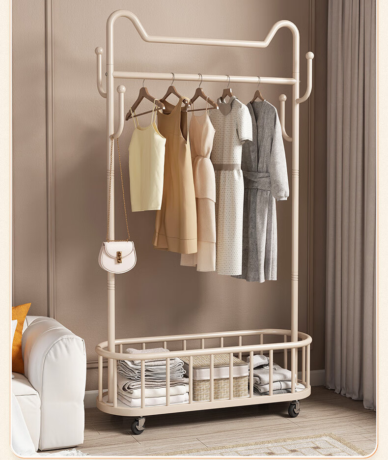 Yijia Coat Rack, Floor-Standing Clothes Rack, Multifunctional Movable Coat Hanger with Wheels for Home Use, Cream White 100cm 12