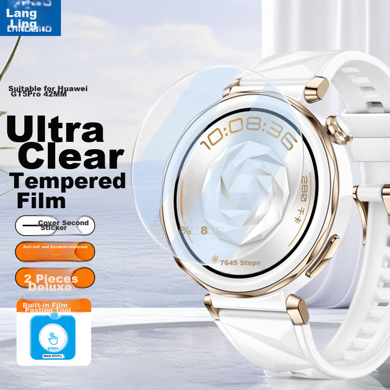 LANGLING [2 Pieces - 42MM] Screen Protector for Huawei Watch GT5Pro, Tempered Glass Film for Full Screen, Shatterproof, Scratch-Resistant, Wear-Resistant Front Film