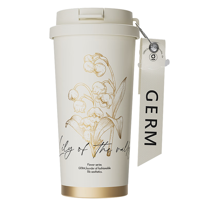Germ Lily of The Valley Double-Insulated Tumbler with Straw, Women's Coffee Cup, Mid-Autumn Festival Gift Mug, 500ML, Tea White