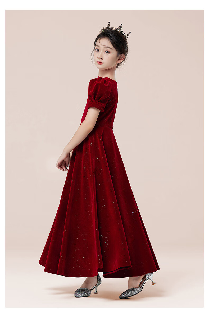 Yinuofang Children's Formal Long Dress, Wine Red, Children's Day Performance Dress, Princess Gown, Wine Red Puff Sleeves, Size 130 12