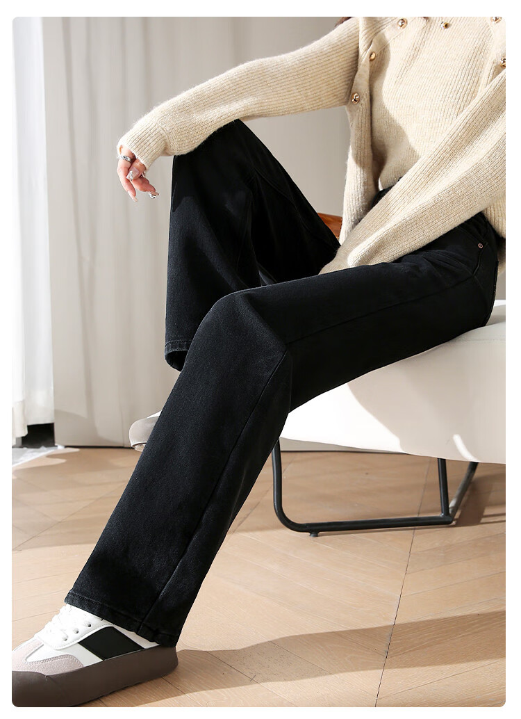 Dme [Fleece-Lined Slim Straight-Leg Pants] Winter Slim Straight-Leg High-Waist Elastic Fleece Wide-Leg Jeans for Wome 19
