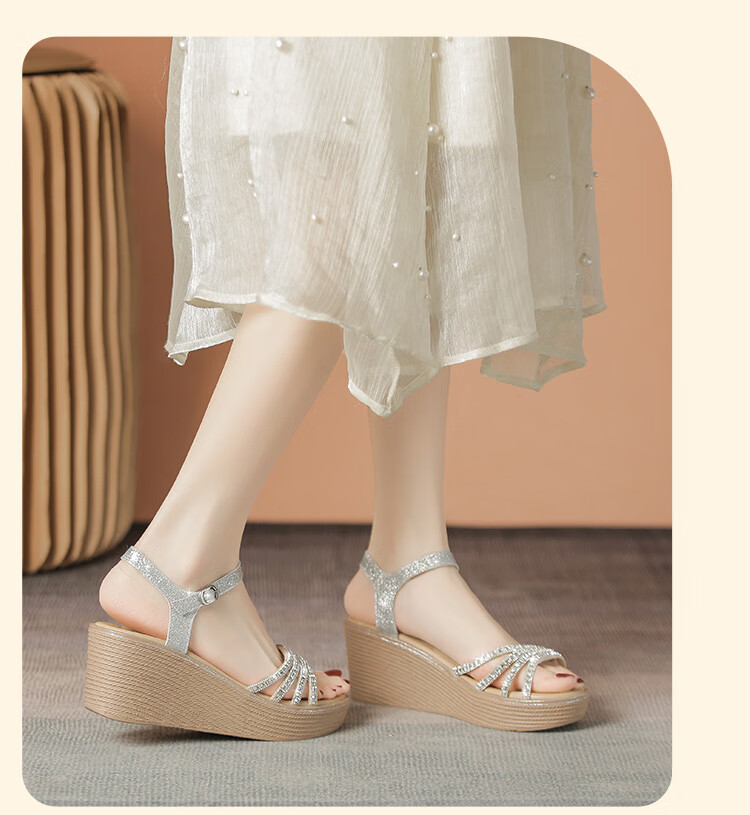 ZHR Women's Shoes, Summer Wedge Versatile Sandals, Fashionable Rhinestone Platform Slimming Beach Shoes for Women, AY161, Apricot Color, Size 35 19