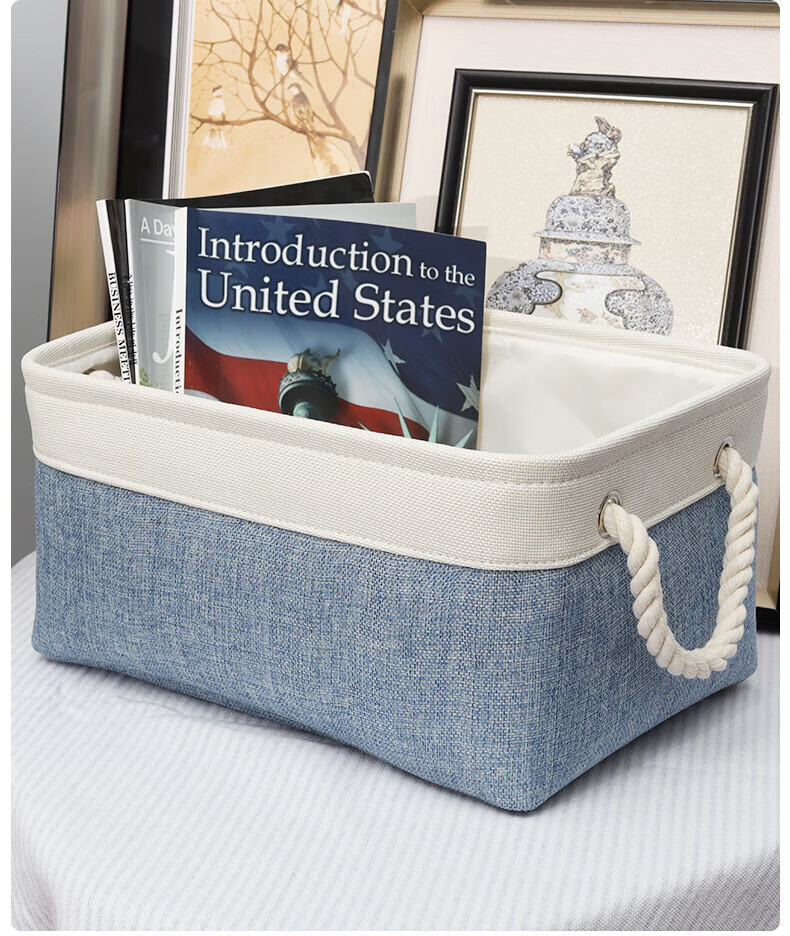 EEKIKS Storage Basket Laundry Hamper, Cotton Linen Blue Medium Size 8