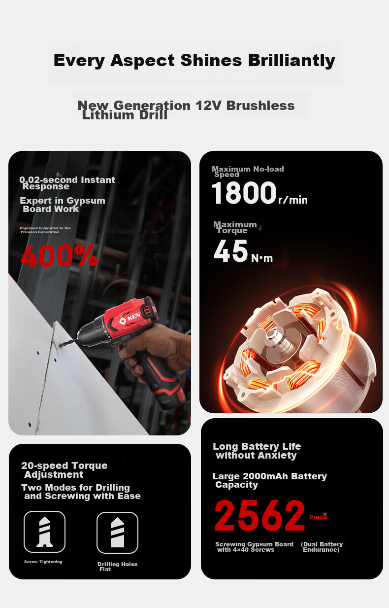 KEN Lithium Battery Drill, Brushless Electric Drill, Rechargeable Drill, Household 12V Screwdriver, BL7312 Bare Tool, Electric Power Tool, Screwdriver Machine 2